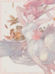 Rule 34 | 1girl, armpits, arms up, aruk, bare shoulders, border, bracelet, breasts, brown eyes, brown flower, closed mouth, commentary request, dress, feathered wings, feathers, feet out of frame, floating, floating hair, flower, grey background, highres, jewelry, knee up, lily (flower), limited palette, long hair, looking at viewer, low wings, medium breasts, original, outside border, pink flower, pink hair, side slit, sleeveless, sleeveless dress, smile, solo, swept bangs, white dress, white wings, wings