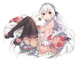 Rule 34 | 1girl, black panties, black thighhighs, chestnut mouth, hairband, highres, komeshiro kasu, lolita hairband, long hair, looking at viewer, open mouth, original, panties, red eyes, shiny skin, silver hair, simple background, solo, thighhighs, underwear, very long hair, white background