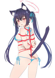 Rule 34 | 1girl, absurdres, animal ears, aqua bikini, aqua ribbon, arms behind back, ass, bdsm, between buttocks, bikini, black hair, blue archive, blush, bondage, bound, bound wrists, butt crack, cat ears, cat girl, cat tail, from behind, goyain, hair between eyes, hair ribbon, halo, highres, long hair, looking at viewer, looking back, parted lips, red eyes, red rope, ribbon, rope, serika (blue archive), shibari, simple background, sketch, solo, swimsuit, tail, twintails, very long hair, white background