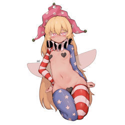 Rule 34 | 1girl, absurdres, american flag legwear, artist name, bad id, bad pixiv id, blonde hair, blush, breasts, clownpiece, fairy wings, full body, hair between eyes, hat, heart, heart-shaped pupils, heart pasties, highres, jester cap, light smile, long sleeves, looking at viewer, meme attire, navel, neck ruff, pasties, pink eyes, pink hat, polka dot, revealing clothes, reverse bunnysuit, reverse outfit, shrug (clothing), simple background, small breasts, solo, soya6479, star (symbol), star print, stomach, symbol-shaped pupils, thighhighs, touhou, white background, wings