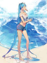 Rule 34 | 1girl, absurdly long hair, animal ears, barefoot, blue eyes, blue hair, breasts, food, full body, hatsune miku, highres, long hair, matching hair/eyes, mouth hold, popsicle, ringo (ruoyuwang), short shorts, shorts, solo, twintails, very long hair, vocaloid, watermelon bar, wet, wet clothes, wringing clothes