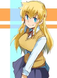 Rule 34 | 1girl, blonde hair, blue eyes, blue skirt, breasts, closed mouth, commentary request, fuurinji miu, hair down, hair ornament, hairclip, hannpen5500, long hair, looking at viewer, medium breasts, mole, mole under eye, pleated skirt, red neckwear, red ribbon, ribbon, shijou saikyou no deshi ken&#039;ichi, shirt, simple background, skirt, smile, solo, standing, sweater, sweater vest, yellow sweater
