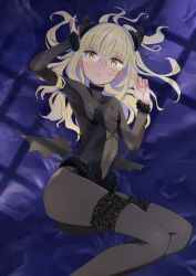 Rule 34 | 1girl, absurdres, aohashi ame, armpits, black bodysuit, black leotard, blonde hair, blush, bodysuit, breasts, collarbone, costume, demon costume, demon girl, fake horns, fake wings, glasses, highres, horns, leotard, long hair, navel, open mouth, perrine h. clostermann, shiny skin, small breasts, solo, strike witches, wings, world witches series, yellow eyes