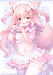 Rule 34 | 1girl, :d, animal ears, fox ears, fox tail, hair ornament, hairclip, hanasakichu, heart, highres, indie virtual youtuber, kemonomimi mode, leg up, momose nina, navel, open mouth, pink eyes, pink hair, smile, tail, thighhighs, two side up, variant set, virtual youtuber, white thighhighs