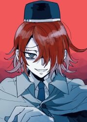 Rule 34 | 1boy, black hat, blue eyes, blue necktie, cape, collared shirt, commentary request, grin, hair over one eye, hat, highres, kumakoro (tetsupag), looking at viewer, male focus, master detective archives: rain code, necktie, open mouth, red background, red hair, shirt, short hair, smile, solo, teeth, upper body, white cape, white shirt, yomi hellsmile