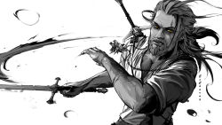 Rule 34 | 1boy, beard, chest hair, commentary, english commentary, excharny, facial hair, geralt of rivia, half-closed eyes, highres, holding, holding sword, holding weapon, jewelry, long hair, male focus, manly, monochrome, necklace, pectorals, scar, shirt, short sleeves, simple background, sleeves pushed up, solo, spot color, sword, teeth, the witcher (series), the witcher 3, weapon, weapon on back, white background, white hair, white shirt, wolf necklace, yellow eyes