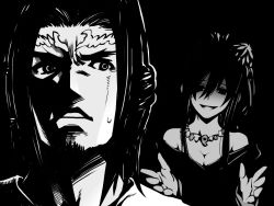 Rule 34 | 1boy, 1girl, bare shoulders, black background, breasts, circlet, cleavage, empty eyes, evil smile, facial hair, goatee, greyscale, husband and wife, ishiyumi, izanagi (p&amp;d), izanami (p&amp;d), jewelry, long hair, looking back, magatama, monochrome, necklace, off shoulder, puzzle &amp; dragons, smile