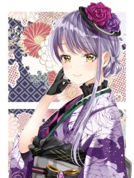 Rule 34 | 1girl, bad id, bad pixiv id, bang dream!, black gloves, black hat, blush, commentary request, dated, floral background, floral print, flower, gloves, hair bun, hair up, hand on own face, hat, hat flower, ito22oji, japanese clothes, kimono, light purple hair, looking at viewer, minato yukina, obi, purple flower, purple hair, purple kimono, sash, sidelocks, single hair bun, smile, solo, upper body, yellow eyes