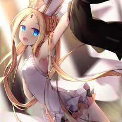 Rule 34 | 1girl, :d, abigail williams (fate), abigail williams (swimsuit foreigner) (fate), abigail williams (swimsuit foreigner) (second ascension) (fate), amemiya ruki, armpits, ass, bare shoulders, black bow, black jacket, blonde hair, blue eyes, blurry, blurry background, blush, bow, braid, breasts, casual one-piece swimsuit, commentary request, depth of field, fate/grand order, fate (series), frilled swimsuit, frills, from side, hat, jacket, keyhole, long hair, looking at viewer, looking to the side, one-piece swimsuit, open mouth, orange bow, outstretched arm, parted bangs, polka dot, polka dot bow, small breasts, smile, solo, swimsuit, twintails, twisted torso, very long hair, white hat, white one-piece swimsuit