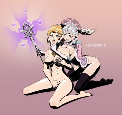 Rule 34 | 2girls, 4headboiii, blonde hair, breasts, fiora (xenoblade), head wings, hypnosis, masturbation, mecha-fiora, melia antiqua, mind control, multiple girls, nipples, nude, open mouth, silver hair, simple background, spoilers, staff, wings, xenoblade chronicles 1, xenoblade chronicles (series), yuri