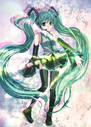 Rule 34 | bad id, bad pixiv id, boots, detached sleeves, for all z, green eyes, green hair, hatsune miku, long hair, necktie, skirt, solo, thigh boots, thighhighs, twintails, vocaloid, zettai ryouiki