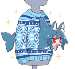 Rule 34 | 1girl, animal ear fluff, animal ears, animalization, blue hair, blue sweater, blush, fox ears, from side, hair between eyes, highres, kemomimi-chan (naga u), long hair, looking away, mannequin, naga u, open mouth, original, photo-referenced, purple eyes, shark, simple background, solo, sparkle, sweater, v-shaped eyebrows, white background