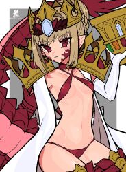 Rule 34 | 1girl, bikini, blonde hair, braid, breasts, chalice, criss-cross halter, crown, cup, dragon claw, dragon tail, elbow gloves, facial mark, fate/grand order, fate (series), french braid, gloves, hacco mayu, hair bun, hair intakes, halterneck, highres, long hair, looking at viewer, navel, nero claudius (fate), nero claudius (fate) (all), open clothes, pointy ears, queen draco (fate), queen draco (second ascension) (fate), red bikini, red eyes, robe, scales, single glove, small breasts, smile, solo, swimsuit, tail, white gloves, white robe