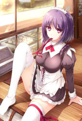 Rule 34 | 1girl, arm support, breasts, indoors, knee up, large breasts, leg ribbon, looking at viewer, maid, mouth hold, purple eyes, purple hair, red ribbon, ribbon, ro risu, short hair, sitting, solo, thigh ribbon, thighhighs, white thighhighs, window, wooden floor