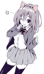 Rule 34 | 1girl, animal ears, bow, cardigan, cat ears, long sleeves, looking at viewer, monochrome, one eye closed, open cardigan, open clothes, original, oryo (oryo04), short hair, skirt, solo, star (symbol), thighhighs, wink