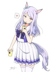 Rule 34 | 1girl, animal ears, blue ribbon, bow, bowtie, closed mouth, commentary request, cup, disposable cup, drink, drinking, drinking straw, drinking straw in mouth, ear ribbon, frilled skirt, frills, highres, holding, holding cup, holding drink, horse ears, horse girl, horse tail, long hair, mejiro mcqueen (umamusume), pilolimaru, pleated skirt, puffy short sleeves, puffy sleeves, purple bow, purple bowtie, purple eyes, purple hair, purple shirt, ribbon, sailor collar, sailor shirt, school uniform, serafuku, shirt, short sleeves, signature, simple background, skirt, solo, tail, thighhighs, tracen school uniform, umamusume, white background, white skirt, white thighhighs