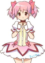 Rule 34 | 1girl, bow, brown eyes, bubble skirt, choker, closed mouth, cowboy shot, gloves, kaname madoka, looking at viewer, magical girl, mahou shoujo madoka magica, mahou shoujo madoka magica (anime), pink bow, pink hair, puffy short sleeves, puffy sleeves, red choker, ruru (rurumagi), short hair, short sleeves, short twintails, simple background, skirt, smile, solo, standing, twintails, white background, white gloves
