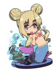 Rule 34 | 1girl, blonde hair, blue eyes, breasts, bubble, completely nude, covering privates, covering breasts, double bun, faux figurine, fins, fish tail, hair bun, k-on!, kotobuki tsumugi, long hair, mermaid, monster girl, nude, rock, seaweed, solo, tail, tanashi (mk2)