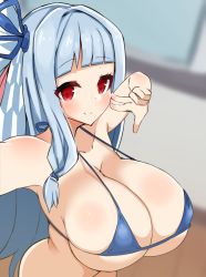Rule 34 | 1girl, bikini, bikini top only, blue hair, breasts, cleavage, curvy, detritus, highres, huge breasts, indoors, kotonoha aoi, long hair, looking at viewer, red eyes, selfie, smile, solo, swimsuit, thick thighs, thighs, v, voiceroid