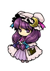 Rule 34 | 1girl, book, chibi, female focus, full body, hair ribbon, hat, moon, patchouli knowledge, purple eyes, purple hair, ribbon, short twintails, socha, solo, touhou, transparent background, twintails