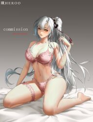 1girl absurdres alternate_costume arm_support artist_name azur_lane bare_shoulders black_ribbon blush bra breasts cleavage collarbone commentary drake_(azur_lane) english_commentary english_text full_body grey_background grey_hair hair_ribbon hand_in_own_hair highres long_hair looking_at_viewer louu_heroo medium_breasts navel open_mouth panties parted_lips pink_bra pink_panties ponytail ribbon simple_background sitting solo thighs underwear yellow_eyes