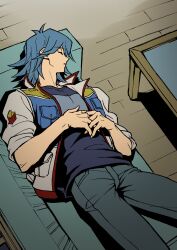 Rule 34 | 1boy, absurdres, blue hair, blue shirt, bruno (yu-gi-oh!), closed eyes, coffee table, couch, denim, floor, hands on own stomach, high collar, highres, indoors, jacket, jeans, male focus, night, on couch, open clothes, open jacket, own hands together, pants, parted lips, shirt, short hair, sleeping, sleeves rolled up, solo, t-shirt, table, wooden floor, youko-shima, yu-gi-oh!, yu-gi-oh! 5d&#039;s
