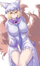 Rule 34 | 1girl, blonde hair, breasts, closed mouth, commentary request, dress, fox girl, fox tail, hair between eyes, hat, highres, kitsune, large breasts, looking at viewer, mirufui, mob cap, multiple tails, short hair, simple background, solo, tail, touhou, white background, white dress, white hat, yakumo ran