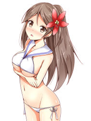Rule 34 | 10s, 1girl, :o, aikawa ryou, alternate costume, amagi (kancolle), anchor, bare shoulders, bikini, blush, breast hold, breasts, brown eyes, brown hair, cosplay, d:, flower, full-face blush, hair flower, hair ornament, highres, kantai collection, large breasts, long hair, looking at viewer, lowleg, lowleg bikini, navel, nose blush, open mouth, ponytail, sailor bikini, sailor collar, side-tie bikini bottom, simple background, solo, standing, swimsuit, underboob, white background, white bikini, z3 max schultz (kancolle), z3 max schultz (kancolle) (cosplay)