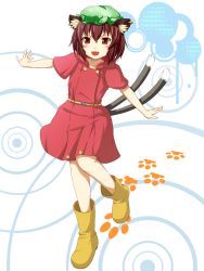 Rule 34 | 1girl, abstract background, alternate costume, animal ears, blush stickers, boots, brown eyes, brown hair, cat ears, cat girl, cat tail, chen, earrings, female focus, fujino (yoshi9798174), hat, highres, jewelry, open mouth, outstretched arms, paw print, raincoat, rubber boots, smile, solo, tail, touhou