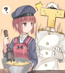 Rule 34 | 10s, 1boy, 1girl, ?, ^^^, admiral (kancolle), apron, bad food, beret, bowl, brown eyes, brown hair, clothes writing, commentary request, dress, explosive, gloves, grenade, hand grenade, hat, ido (teketeke), kantai collection, long sleeves, looking back, military, military uniform, naval uniform, peaked cap, potato, sailor collar, sailor dress, sailor hat, scared, short hair, simple background, spoken question mark, stick grenade, stielhandgranate, surprised, sweat, t-head admiral, too literal, twitter username, uniform, weapon, white gloves, yellow background, z3 max schultz (kancolle)