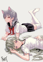 Rule 34 | 2girls, animal ears, artist name, black skirt, bow, cat ears, chinese commentary, collarbone, commentary request, feiqizi (fkey), fkey, grey background, grey hair, hair ornament, hand on own stomach, hand up, highres, long hair, looking at viewer, lying, miniskirt, multiple girls, no shoes, on back, on stomach, original, pink eyes, pleated skirt, ponytail, red bow, red eyes, red neckwear, sailor collar, school uniform, serafuku, shadow, shirt, short sleeves, signature, simple background, skirt, the pose, thighhighs, thighs, upper body, white legwear, white serafuku, white shirt, zettai ryouiki
