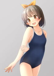 Rule 34 | 1girl, :d, arm behind back, arm grab, bare arms, bare shoulders, blue one-piece swimsuit, blush, breasts, brown eyes, brown hair, collarbone, commentary request, grey background, hair ribbon, head tilt, highres, one-piece swimsuit, open mouth, orange ribbon, original, ribbon, school swimsuit, shibacha, simple background, small breasts, smile, solo, swimsuit