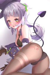 Rule 34 | 1girl, ass, black hat, black pantyhose, blush, body writing, breasts, cameltoe, commentary request, demon tail, hair ornament, hat, heart, heart-shaped pupils, hexagram hair ornament, highres, hololive, kaju paint, murasaki shion, open mouth, pantyhose, shiokko (murasaki shion), short eyebrows, symbol-shaped pupils, tail, virtual youtuber, writing on ass