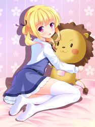 Rule 34 | 1girl, :d, bashen chenyue, belt, black belt, black ribbon, blonde hair, blue dress, blush, cherry blossom print, collared shirt, commentary request, dress, floral print, from side, full body, girlish number, hair ribbon, hair rings, highres, holding, holding stuffed toy, long sleeves, looking at viewer, looking to the side, neck ribbon, no shoes, open mouth, purple eyes, ribbon, shadow, shirt, sleeveless, sleeveless dress, smile, soles, solo, sonou momoka, stuffed animal, stuffed lion, stuffed toy, thighhighs, twintails, white shirt, white thighhighs