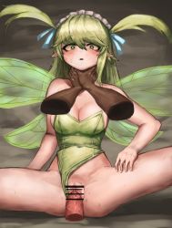 Rule 34 | 1girl, asphyxiation, bar censor, bare arms, bare shoulders, black souls, blue ribbon, blush, breasts, bright pupils, censored, cleavage, clothing aside, collar, collarbone, covered navel, ears down, fairy, fairy wings, green eyes, green leotard, green pupils, green wings, hair between eyes, hair ribbon, hetero, highres, leaf (black souls), leotard, leotard aside, light green hair, long hair, maid headdress, medium breasts, open mouth, penis, pointy ears, pussy, ribbon, ropeperson, sex, spread legs, strangling, strapless, strapless leotard, thighs, two side up, vaginal, wings