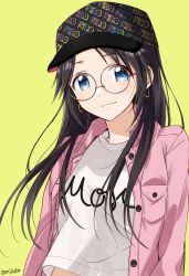Rule 34 | 1girl, baseball cap, black hair, black hat, blue eyes, brown-framed eyewear, buttons, closed mouth, clothes writing, commentary request, earrings, gen (enji), glasses, hat, highres, hoop earrings, idolmaster, idolmaster shiny colors, jacket, jewelry, long hair, long sleeves, looking at viewer, mitsumine yuika, open clothes, open jacket, pink jacket, round eyewear, shirt, simple background, solo, twitter username, upper body, white shirt, wing collar, yellow background