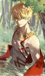 Rule 34 | 1boy, abs, blonde hair, chest tattoo, commentary request, earrings, fate/extella, fate/extella link, fate/extra, fate/extra ccc, fate/grand order, fate/hollow ataraxia, fate/stay night, fate/strange fake, fate/zero, fate (series), gilgamesh (fate), highres, jewelry, looking at viewer, male focus, mya x x, necklace, red eyes, short hair, smile, solo, sunlight, tattoo, toned, toned male, topless male, water