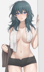 Rule 34 | 1girl, artist name, black shorts, blue eyes, blue hair, breasts, byleth (female) (fire emblem), byleth (fire emblem), cowboy shot, fire emblem, fire emblem: three houses, grey background, hair between eyes, hand up, highres, long hair, looking at viewer, medium breasts, micro shorts, navel, nintendo, parted lips, shimizu akina, shorts, solo, standing, stomach, towel, towel around neck, twitter username