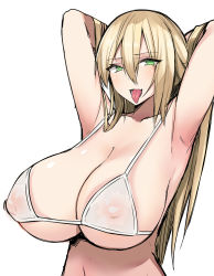 Rule 34 | 1girl, :d, absurdres, armpits, arms behind head, bikini, blonde hair, breasts, brll, covered erect nipples, fang, green eyes, hands up, highres, huge breasts, long hair, looking at viewer, open mouth, original, simple background, skin fang, smile, solo, swimsuit, tongue, tongue out, upper body, very long hair, white background