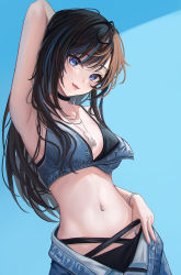 Rule 34 | 1girl, arm behind head, arm up, armpits, bikini, bikini pull, bikini under clothes, black bikini, black choker, black hair, blue background, blue eyes, blue hair, blue nails, bracelet, breasts, choker, cleavage, clothes pull, commentary, cowboy shot, denim, denim bikini, dog tags, hand on own hip, highres, jeans, jewelry, kottungyang, long hair, looking at viewer, medium breasts, messy hair, midriff, mole, mole under eye, multi-strapped bikini, multicolored hair, nail polish, navel, navel piercing, necklace, open clothes, open mouth, open pants, original, pants, piercing, solo, swimsuit, teeth, tongue, tongue out, unbuttoned