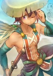 Rule 34 | 1boy, ;), belt, blue pants, cape, coppa, fuurai no shiren, highres, japanese clothes, male focus, mouth hold, one eye closed, pants, purple eyes, sandogasa, shiren (fuurai no shiren), sleeveless, smile, solo, stalk in mouth, straw (stalk), sword, weapon