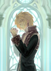 Rule 34 | 1boy, black coat, blonde hair, closed mouth, coat, commentary request, cowboy shot, indoors, interlocked fingers, long sleeves, looking down, male focus, misuguu, multicolored coat, open clothes, open coat, own hands together, priest (ragnarok online), ragnarok online, red coat, short hair, solo, stained glass, two-tone coat