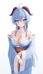 Rule 34 | 1girl, absurdres, ahoge, alternate costume, bare shoulders, blue hair, blue kimono, blush, breasts, cleavage, closed mouth, collarbone, dokimaru, ganyu (genshin impact), genshin impact, goat horns, highres, horns, japanese clothes, kimono, large breasts, long hair, long sleeves, off shoulder, purple eyes, sash, simple background, smile, solo, white background, wide sleeves
