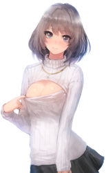 Rule 34 | 10s, 1girl, aqua eyes, blue eyes, blush, breasts, brown hair, cleavage, cleavage cutout, clothing cutout, heterochromia, highres, idolmaster, idolmaster cinderella girls, jewelry, looking at viewer, medium breasts, meme attire, meto31, mole, mole under eye, necklace, open-chest sweater, ribbed sweater, short hair, simple background, skirt, smile, solo, standing, sweater, takagaki kaede, turtleneck, white background