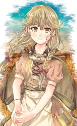 Rule 34 | 1girl, apron, blonde hair, bow, braid, brown cape, brown eyes, cape, closed mouth, collarbone, faye (fire emblem), fire emblem, fire emblem echoes: shadows of valentia, fuussu (21-kazin), hair between eyes, hair bow, long hair, looking at viewer, low twintails, nintendo, pink shirt, pink skirt, red bow, shirt, short sleeves, skirt, smile, solo, standing, twin braids, twintails, waist apron, white apron