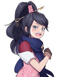 Rule 34 | 1girl, :d, absurdres, ace attorney, ace attorney investigations, black hair, blue scarf, brown gloves, commentary, gloves, green eyes, haniwa (8241427), high ponytail, highres, karakusa (pattern), kay faraday, key hair ornament, looking at viewer, open mouth, ponytail, scarf, shirt, short sleeves, smile, solo, teeth, upper body, upper teeth only, white background