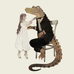 Rule 34 | 1girl, adjusting another&#039;s clothes, animal, barefoot, black jacket, black neckwear, black pants, blazer, bow, bowtie, brown eyes, brown hair, chair, child, claws, clothed animal, collared dress, collared shirt, crocodile, crocodilian, dress, formal, highres, jacket, long dress, long hair, looking at another, original, pants, sharp teeth, shirt, sitting, slit pupils, suit, tail, teeth, tiptoes, tono (rt0no), tuxedo, white dress, white shirt