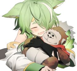 Rule 34 | 1girl, ami (granblue fantasy), animal ears, asymmetrical bangs, closed eyes, erune, fang, gorilla, granblue fantasy, green hair, multicolored hair, one eye covered, open clothes, open mouth, solo, stuffed toy, sweat, umeda shiso, white hair