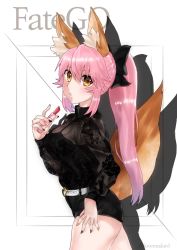 Rule 34 | 1girl, alternate costume, alternate hairstyle, animal ear fluff, animal ears, black ribbon, breasts, cleavage, cosmetics, fate/grand order, fate (series), fox ears, fox girl, fox tail, hair ribbon, highres, large breasts, lips, lipstick, long hair, looking at viewer, looking to the side, makeup, mimi, nail polish, pink hair, ponytail, red lips, ribbon, see-through, solo, tail, tamamo (fate), tamamo no mae (fate/extra), yellow eyes