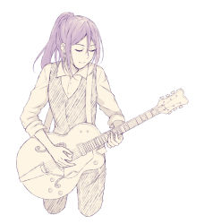 Rule 34 | bang dream!, closed eyes, collared shirt, guitar, highres, instrument, music, muted color, pants, playing instrument, plectrum, ponytail, purple hair, seta kaoru, shinamonneko, shirt, simple background, sleeves rolled up, smile, solo, vest, white background
